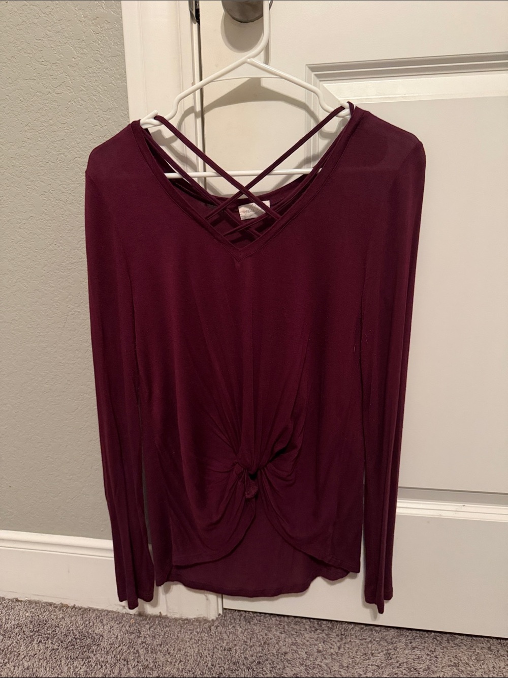 Glitz Long Sleeve Crisscross Knot Top - Burgundy